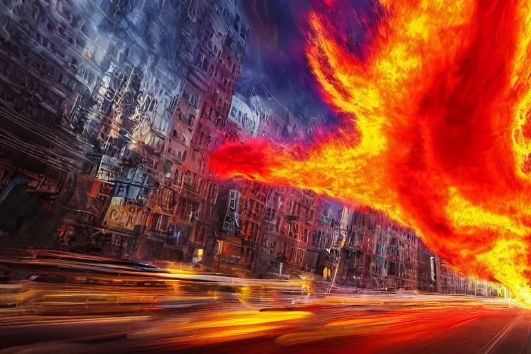 Image similar to destructive fire tornado in the city, photorealistic, highly detailed, sharp focus, vivid, colorful, symmetrical, random, convoluted, mind - blowing, creative, fully functional, end of the world, physics defying, amazing, loud