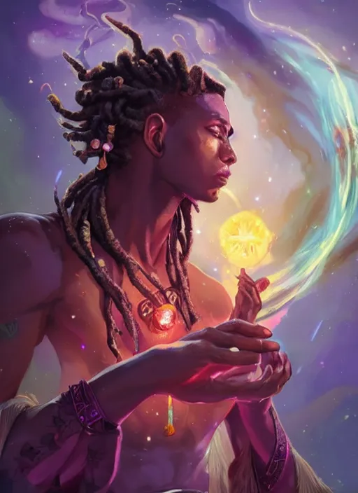 Prompt: handsome black man casting magical spells with powerful crystals, beaded dreadlocks and kemetic imagery, digital painting artstation, concept art, matte, sharp focus, illustration, dramatic exploding nebulae, hearthstone, art by artgerm and greg rutkowski and alphonse mucha