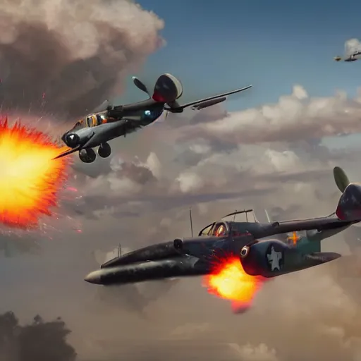 Image similar to an epic dogfight between a p 3 8 lightning, full color, 8 k cinematic photography, explosions in the background, parachutes, ultra realistic digital art, unreal engine, style of keith