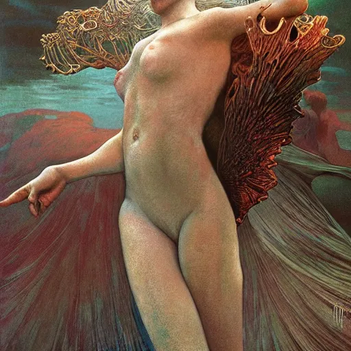 Image similar to queen of neptune by zdzisław beksinski, iris van herpen, raymond swanland, craig mullins and alphonse mucha. highly detailed, hyper - real, beautiful