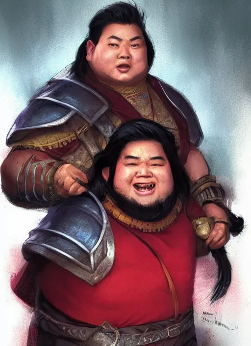 Image similar to slightly chubby asian man with medium black parted hair, dndbeyond, bright, colourful, realistic, dnd character portrait, full body, pathfinder, pinterest, art by ralph horsley, dnd, rpg, lotr game design fanart by concept art, behance hd, artstation, deviantart, hdr render in unreal engine 5
