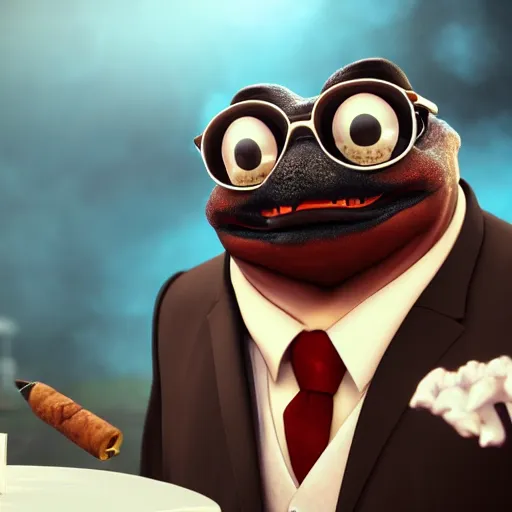 Prompt: a high quality photo of an antropomorphic mafia frog wearing a suit smoking a cigar, 3d scene, render, ultra realistic, artstation, cgsociety