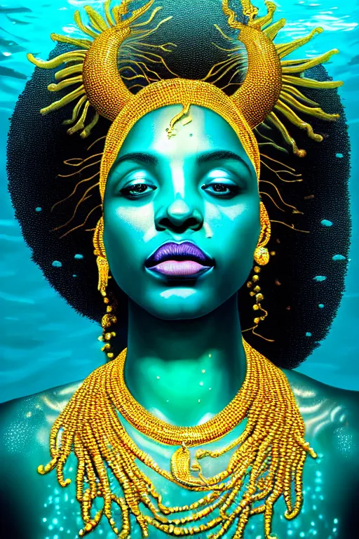 Image similar to hyperrealistic precisionist whole body cinematic bioluminescent very expressive! oshun goddess underwater scene, gold jewerly, highly detailed face, digital art masterpiece, smooth eric zener cam de leon, dramatic pearlescent turquoise light on one side, low angle uhd 8 k, shallow depth of field