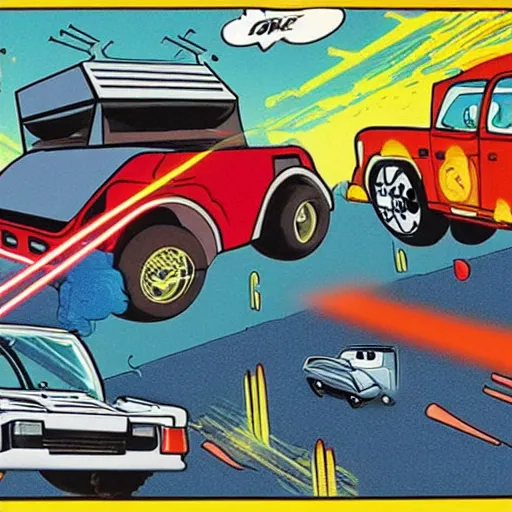 Image similar to anthropomorphic cars and trucks engage in laser gun battles, 8 0 s cartoon