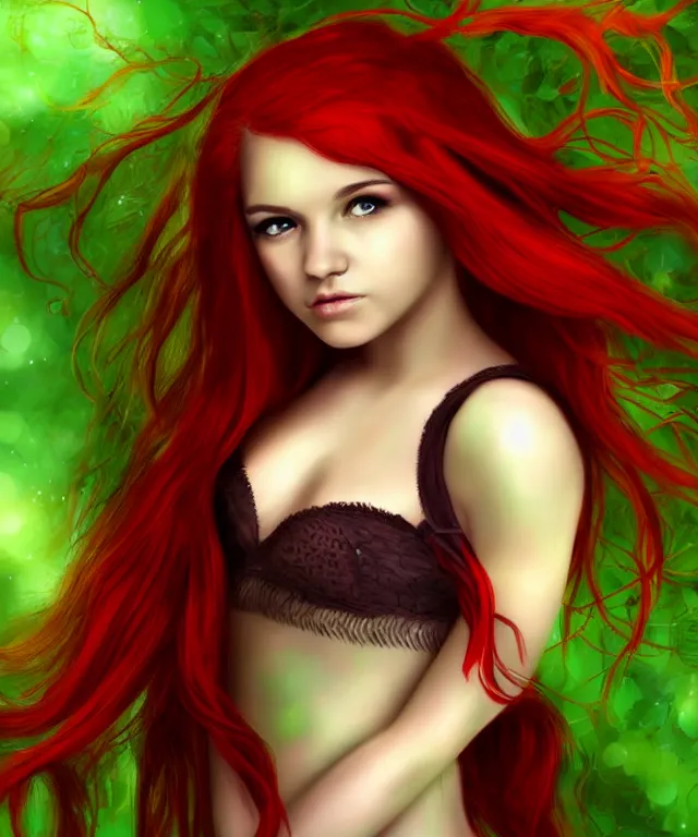 Prompt: Fae teenage girl, portrait, face, long red hair, green highlights, fantasy