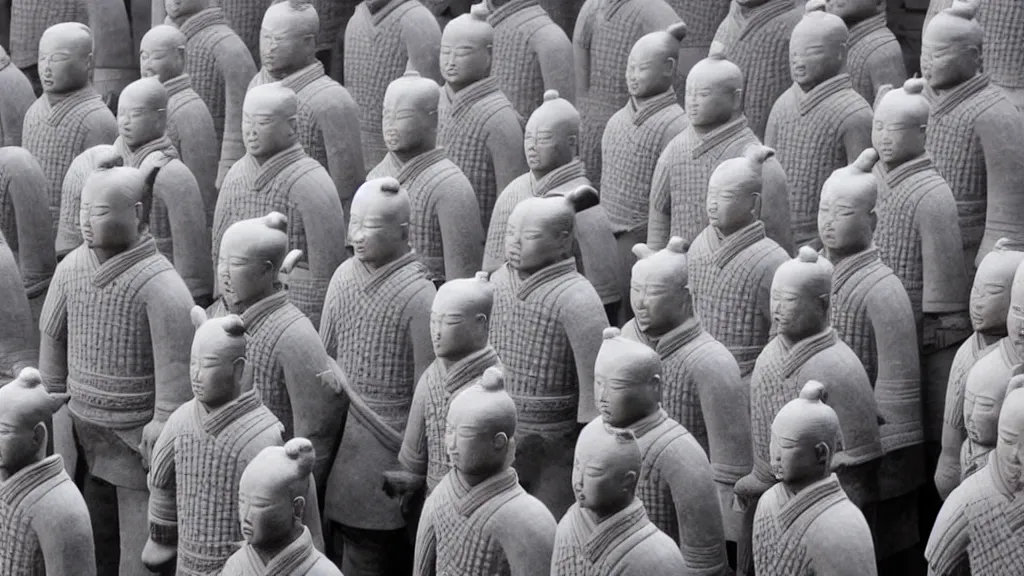 Prompt: A terracotta army of David Byrne in big suits, vintage photograph