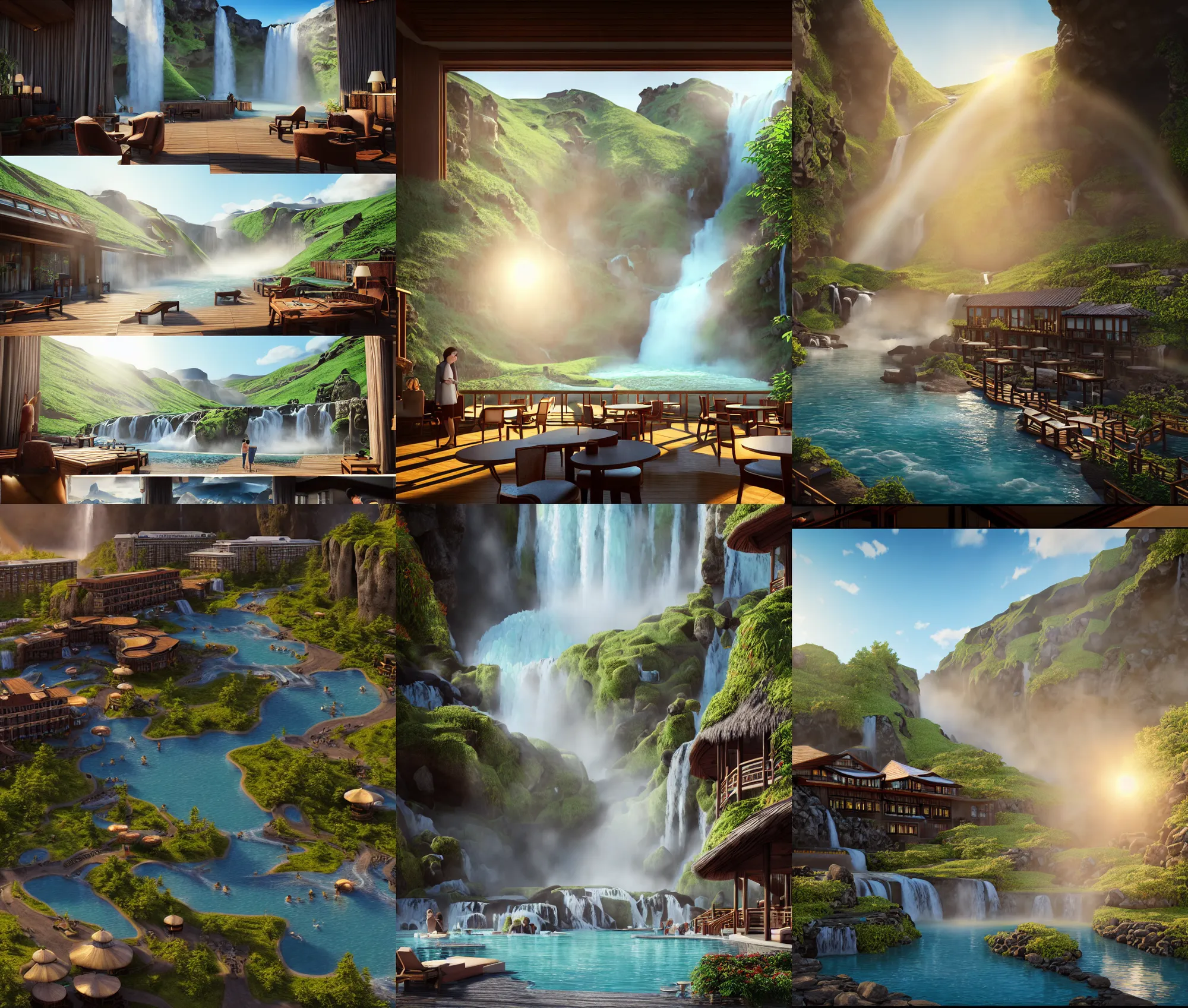 Prompt: establishing wide shot inside resort hotel, beside the combination of iceland hot springs and yangtze river waterfalls, movie still, sunny morning light, soft sunbeam, travel ad, detailed concept art, artstation, realistic, fine details, 4 k, unreal engine, hyperrealism, detailed textures