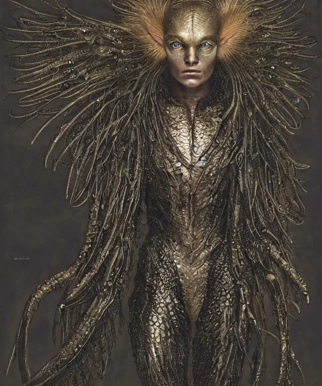 Prompt: a portrait photograph of a fierce sadie sink as a strong alien harpy queen with amphibian skin. she is dressed in a dark lace shiny metal slimy organic membrane catsuit and transforming into an evil insectoid snake bird. by donato giancola, walton ford, ernst haeckel, peter mohrbacher, hr giger. 8 k, cgsociety