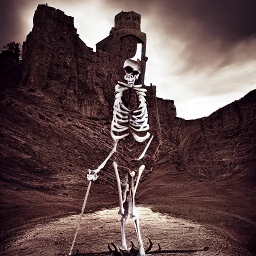 Image similar to monumental, weary 3 d render by nathan wirth. a beautiful street art of a horned, red - eyed, skeleton - like creature, with a long black cape, & a staff with a snake wrapped around it, standing in front of a castle atop a cliff.