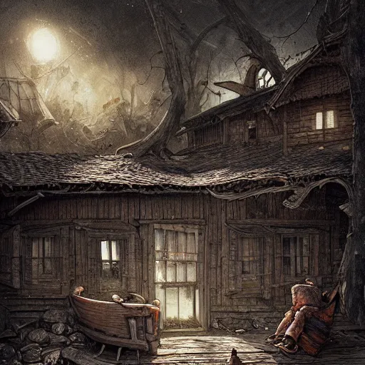 Image similar to two husbands leave each other inside broken wooden house, detailed intricate ink illustration, dark atmosphere, detailed illustration, hd, 4k, digital art, overdetailed art, concept art, by greg rutkowski, by loish, complementing colors, Trending on artstation, deviantart