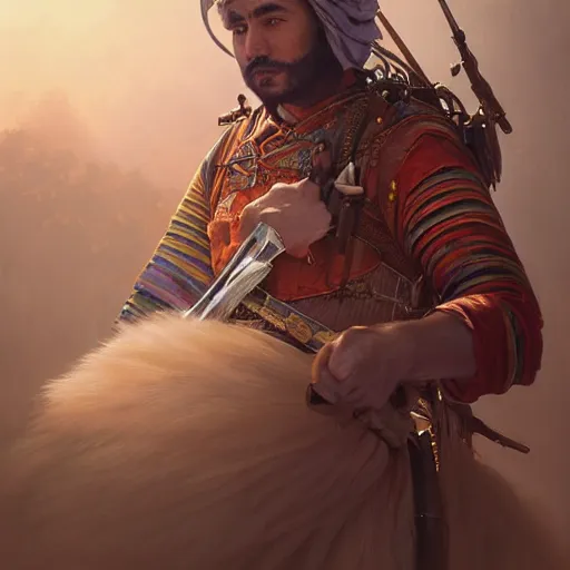 Image similar to Hyper realistic detailed portrait of Kurdish samurai, Stephen Bliss, unreal engine, fantasy art by Greg Rutkowski, Loish, Rhads, ferdinand knab, Makoto Shinkai and Lois van baarle, ilya kuvshinov, rossdraws, Tom Bagshaw, alphonse mucha, global illumination, radiant light, detailed and intricate environment, highly detailed, award winning art