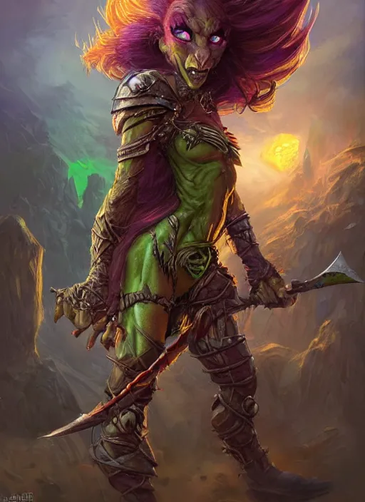 Prompt: female goblin, ultra detailed fantasy, dndbeyond, bright, colourful, realistic, dnd character portrait, full body, pathfinder, pinterest, art by ralph horsley, dnd, rpg, lotr game design fanart by concept art, behance hd, artstation, deviantart, hdr render in unreal engine 5