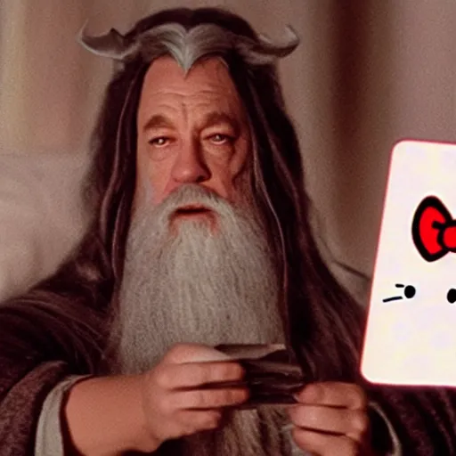 Image similar to portrait of gandalf, Hello Kitty hairdo, holding a blank playing card up to the camera, movie still from the lord of the rings