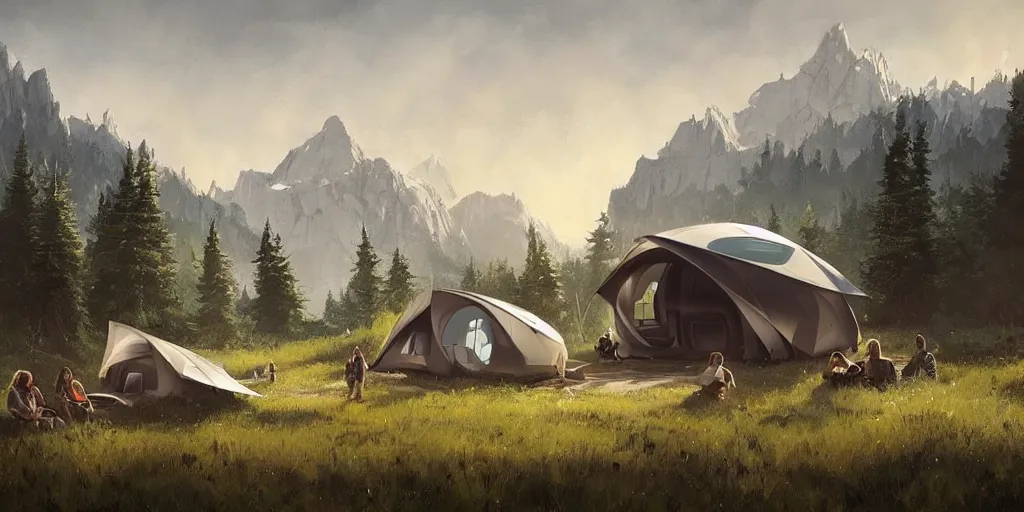 Image similar to cabela's tent futuristic pop up family pod, cabin, modular, person in foreground, mountainous forested wilderness open fields, beautiful views, painterly concept art, joanna gaines, environmental concept art, farmhouse, magnolia, concept art illustration by ross tran, by james gurney, by craig mullins, by greg rutkowski trending on artstation