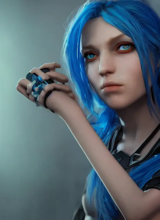 Image similar to beautiful young cyberpunk girl with blue hair, blue eyes, au naturel, holding her hands out, digital art, trending in artstation, cinematic lighting, studio quality, smooth render, fluorescent skin, unreal engine 5 rendered, octane rendered, art style by klimt and nixeu and ian sprigger and wlop and krenz cushart