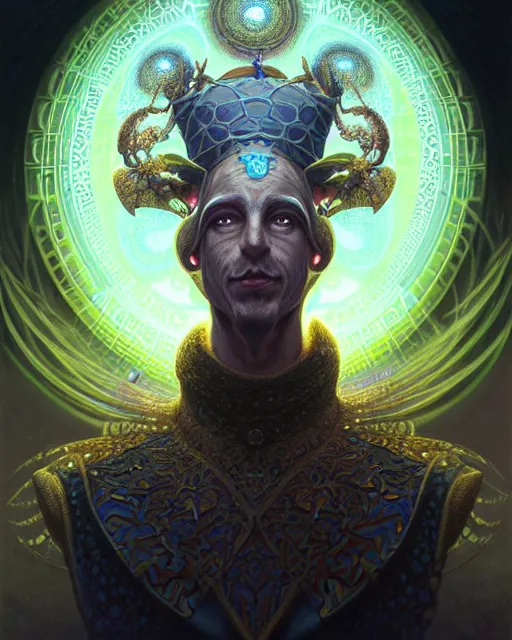 Image similar to front shot of a court jester character, hyperdimensional, bioluminescent hypercubes, ((intricate)), elegant, highly detailed, centered, (((artstation, concept art, smooth, sharp focus, artgerm, Tomasz Alen Kopera, Peter Mohrbacher, donato giancola, Joseph Christian Leyendecker, WLOP, Boris Vallejo))), mugshot!!!!!, ugly!!!!!!, octane render, nvidia raytracing demo, grainy, muted