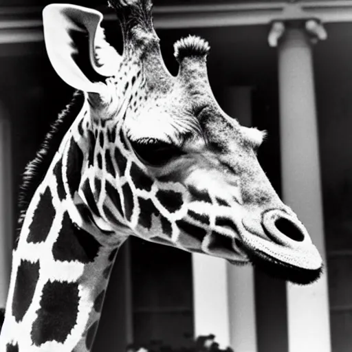 Image similar to a giraffe elected President of the United States, official White House photo, 1974