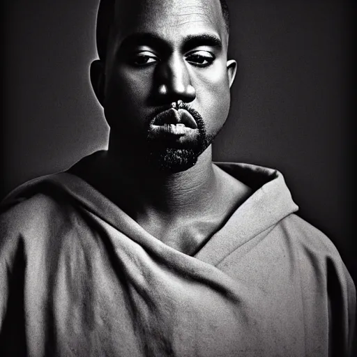 Image similar to a chiaroscuro lighting portrait of kanye west dressed as rick owens, black background, portrait by julia margaret cameron, shallow depth of field, 8 0 mm, f 1. 8