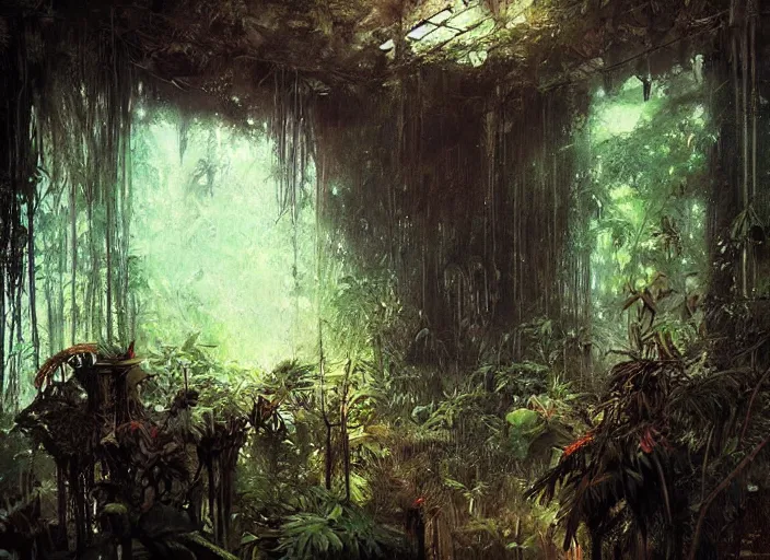 Image similar to interior shot of a lush jungle, an overgrown City can be seen far in the distance, masterpiece, painterly, art by artem demura, emotion, fantasy art,