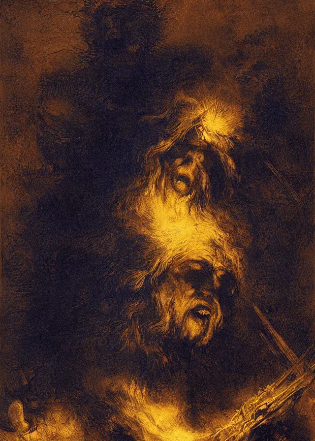 Prompt: spirit of vengeance, blue fire, by rembrandt