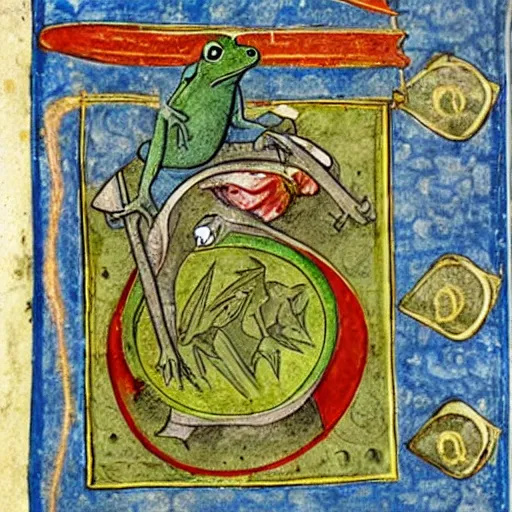 Prompt: A medieval illustration of a frog practicing alchemy, illuminated manuscript,