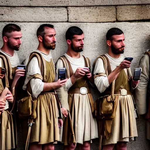 Prompt: photography portrait of a group of roman soldiers holding cell phones, roman empire, leica 1 0 0 mm f 0. 8