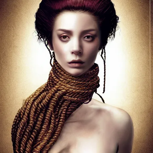 Image similar to portrait of a Shibari rope wrapped face and neck, headshot, insanely nice professional hair style, dramatic hair color, digital painting, of a old 15th century, roman soilder, amber jewels, baroque, ornate clothing, scifi, realistic, hyperdetailed, chiaroscuro, concept art, art by Franz Hals and Jon Foster and Ayami Kojima and Amano and Karol Bak,