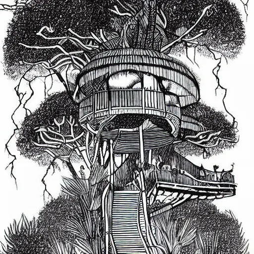 Image similar to a treehouse in a lush jungle during a thunderstorm in the night, drawing by moebius