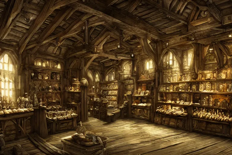 Prompt: A medieval shop viewed from the inside, texture, intricate, details, highly detailed, masterpiece, architecture, building, trending on artstation, focus, sharp focus, concept art, digital painting, fantasy, sunny, day, midday, in the style of skyrim