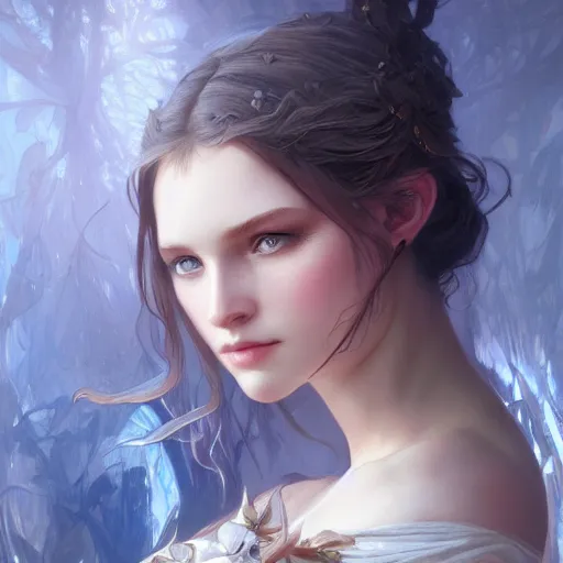 Image similar to portrait of astonishingly beautiful girl, blue eyes, face, fantasy, intricate, elegant, highly detailed, digital painting, artstation, concept art, smooth, sharp focus, illustration, art by artgerm and greg rutkowski and alphonse mucha