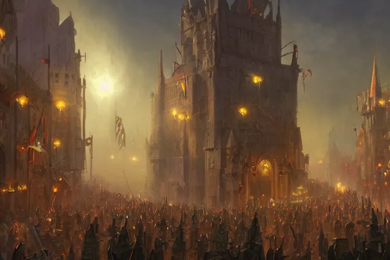 Image similar to an intricate colorful matte painting of An epic stronghold crusader screenshot of bustling city street with protesting crowd chasing the king, highly detailed iridescent dimly lit exterior with shafts of iridescent light bouncing off magical realms, by Christophe Vacher and Bastien Lecouffe-Deharme, trending on artstation