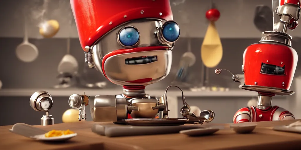 Image similar to closeup portrait of tin toy retro robot chef cooking pastry in a kitchen, depth of field, zeiss lens, detailed, centered, fashion photoshoot, by nicoletta ceccoli, mark ryden, lostfish, breathtaking, 8 k resolution, extremely detailed, beautiful, establishing shot, artistic, hyperrealistic, octane render