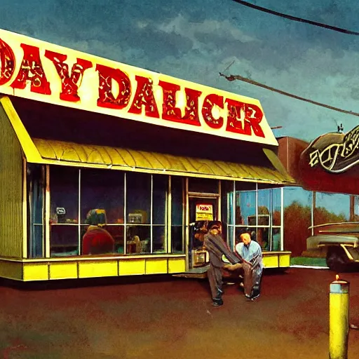 Prompt: a roadside diner open since the 7 0 s in ohio : with free coffee refills, daily specials, and a door you must never open, high quality high detail matte painting by david mattingly and norman rockwell and nc wyeth, hd, realistic, photorealistic lighting, composition and layout in the style of gregory crewdson, modern supernatural horror.