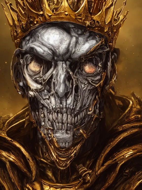 Prompt: portrait art of 8k ultra realistic undead king,detailed golden crown, decaying, cybernetic, full of colour, cinematic lighting, battered, trending on artstation, 4k, hyperrealistic, focused, extreme details,unreal engine 5, cinematic, masterpiece, art by ayami kojima, giger