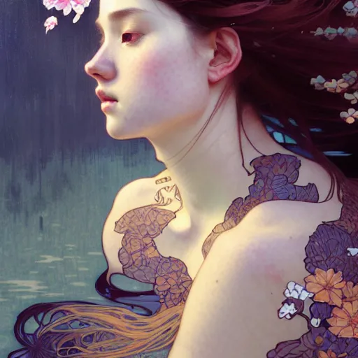 Image similar to Portrait of a girl surrounded by Koi fish, face, fantasy, intricate, elegant, highly detailed, digital painting, artstation, concept art, smooth, sharp focus, illustration, art by Krenz Cushart and Artem Demura and alphonse mucha