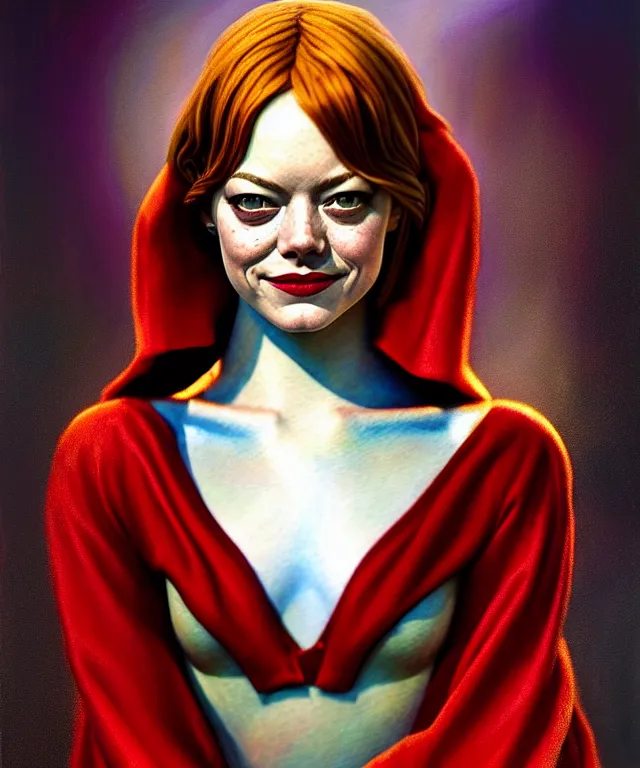 Image similar to hyperrealistic mixed media painting of Emma Stone as a beautiful young female mage, stunning 3d render inspired art by P. Craig Russell and Barry Windsor-Smith + perfect facial symmetry + dim volumetric lighting, dark red hair, pale skin, crimson robes, dizzy, full body, confident heroic pose, arms crossed, d&d, 8k octane beautifully detailed render, post-processing, extremely hyperdetailed, intricate, epic composition, grim yet sparkling atmosphere, cinematic lighting + masterpiece, trending on artstation, very very detailed, masterpiece, stunning