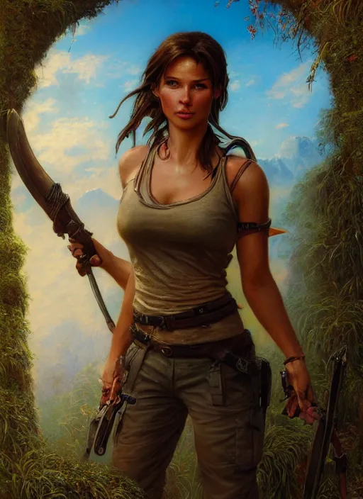 Image similar to seasoned adventurer Lara Croft, golden hour, Lilia Alvarado, Sophie Anderson, Mark Arian, Bob Byerley, Charlie Bowater, Mark Brooks, Steve Henderson, Justin Gerard, Arthur Hughes, Edward Robert Hughes, Mark Keathley, Victor Nizovtsev, Carlos Shwabe, Ross Tran, WLOP