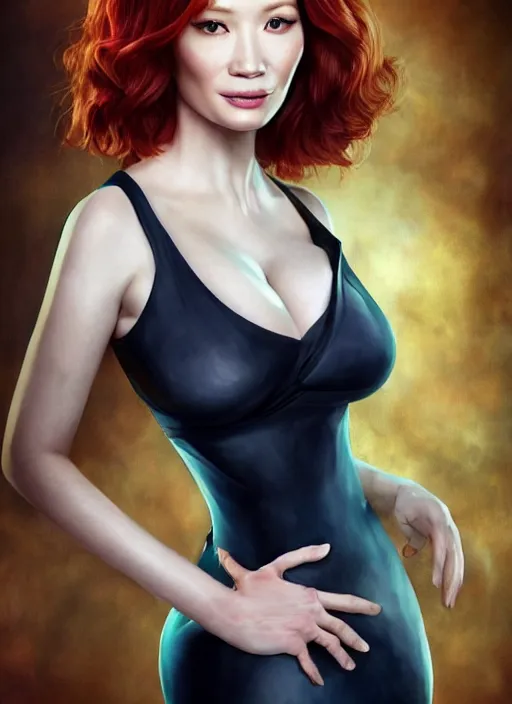 Image similar to photo of a gorgeous christina hendricks / lucy liu hybrid in the style of stefan kostic, realistic, professionally, professionally color graded, half body shot, sharp focus, k high definition, insanely detailed, intricate, elegant, art by stanley lau and artgerm