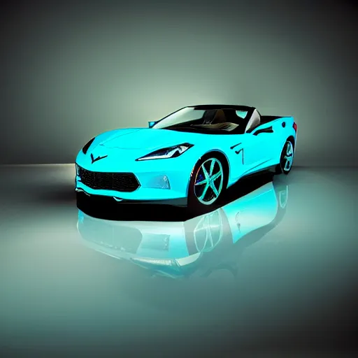 Image similar to a small dark luminous turquoise color liquid water sculpture is a corvette hybrid, corvette convertible, viscous, reflective, monochromatic, digital art