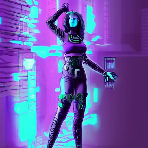 Image similar to cool cyberpunk character female in fullbody pose, purple and teal colors