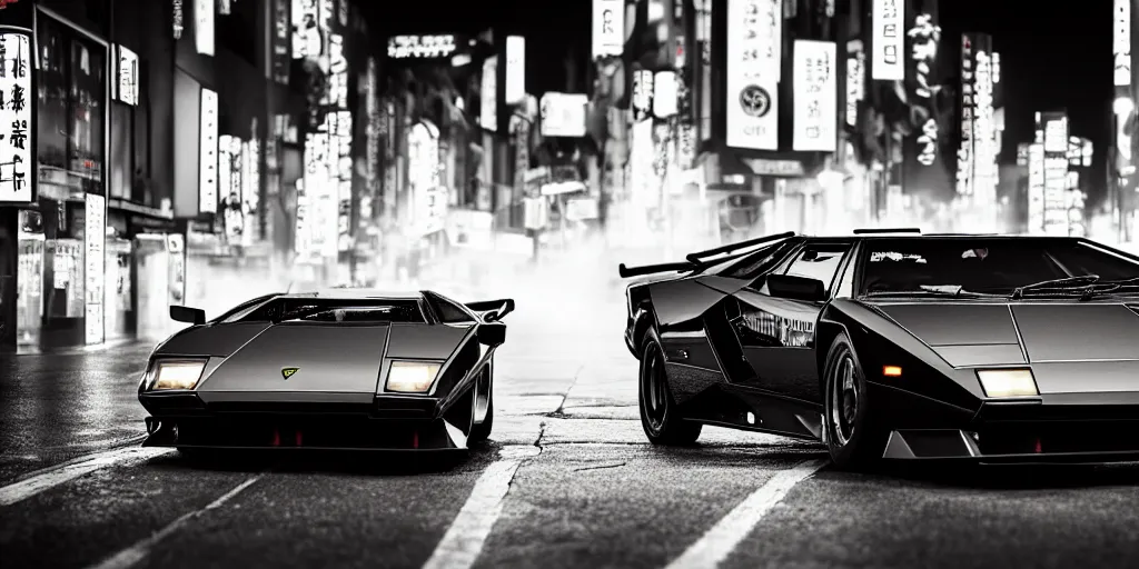 Image similar to photo lamborghini countach parked in a rainy neo tokyo street at night with neon light signs illuminating the scene, sharp focus, highly detailed, ray tracing, cinematic, moody, hdr, 4 k