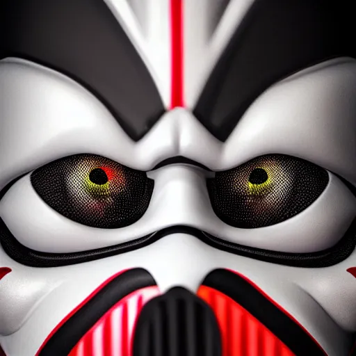 Prompt: 5 0 mm close - up photo of clown darth vader hybrid, compound eyes, symmetrical front face portrait, high quality, high resolution, octane unreal 5 realphoto raytrace render, intricate, hyper detailed, hard light, black flat background