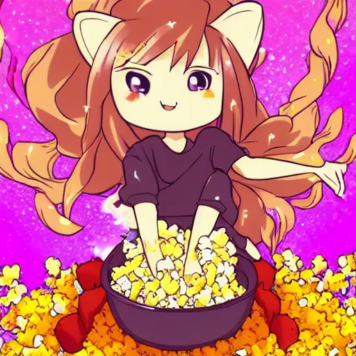 Image similar to fluffy popcorn anime character with a smiling face and flames for hair, sitting on a lotus flower, clean composition, symmetrical