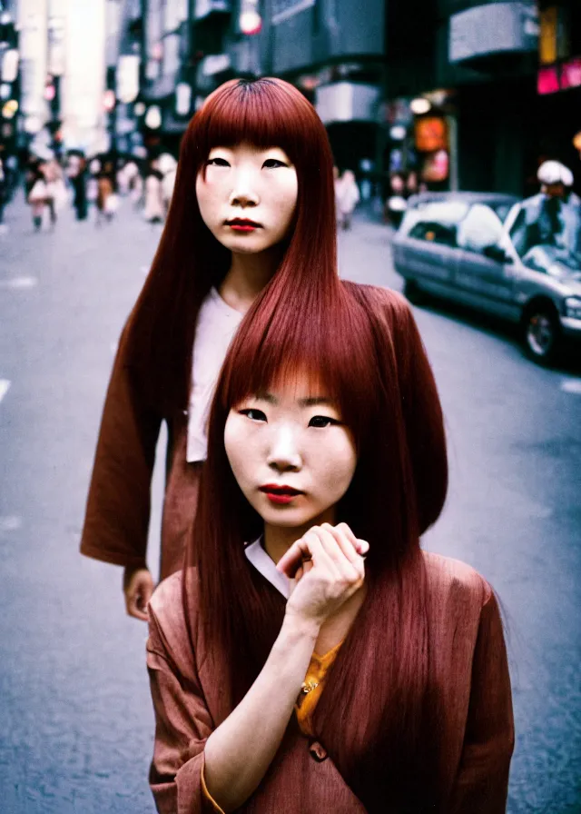 Image similar to a portrait street photograph shot on cinestill 5 0 d of one japanese woman in 9 0 s fashion with modest make up and her hair died to a hazelnut brown, shot in shibuya tokyo on a 3 5 mm at f / 2. 8, print magazine quality, nostalgia, 8 k