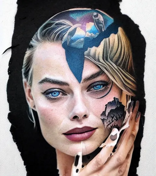 Image similar to tattoo design sketch double exposure of margot robbie and beautiful mountain scenery, creative mash up, in the style of arlo dicristina, surrealist, amazing detail, sharp