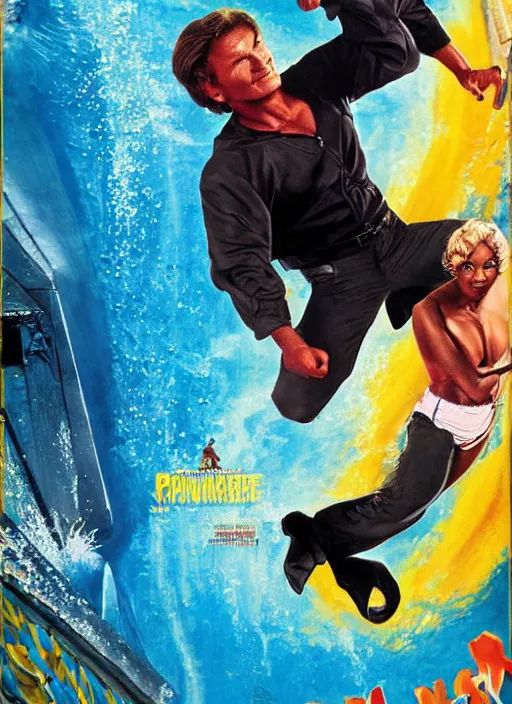 Image similar to Patrick Swayze, Ghanaian movie poster, romantic comedy, waterslide, Ninjas, highly detailed, HD, realism