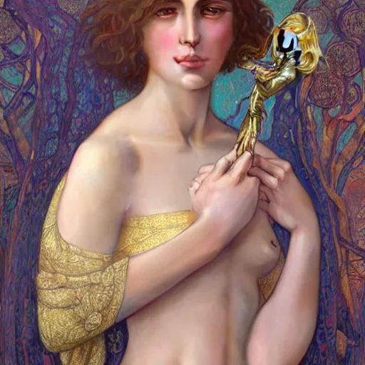 Image similar to Masterpiece painting of Nathalie portman as a Venus drawn by Donato Giancola and Tom Bagshaw, face by Artgerm and Edmund Leighton, Alphonse Mucha, background by James Jean and Gustav Klimt, 4k, partial robotic body, volumetric Lighting, porcelain skin, komorebi, french nouveau, trending on pixiv
