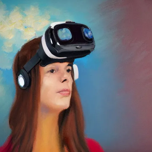 Prompt: An impressionistic painting of a woman wearing a VR headset