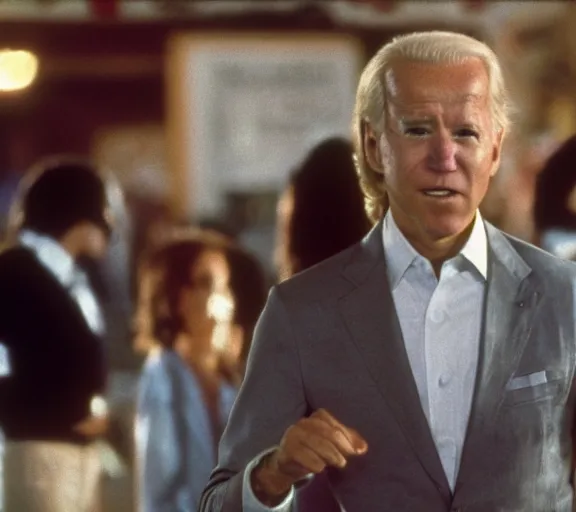 Prompt: Film still of joe biden as jeff spicoli in movie fast times at ridgemont high 1982