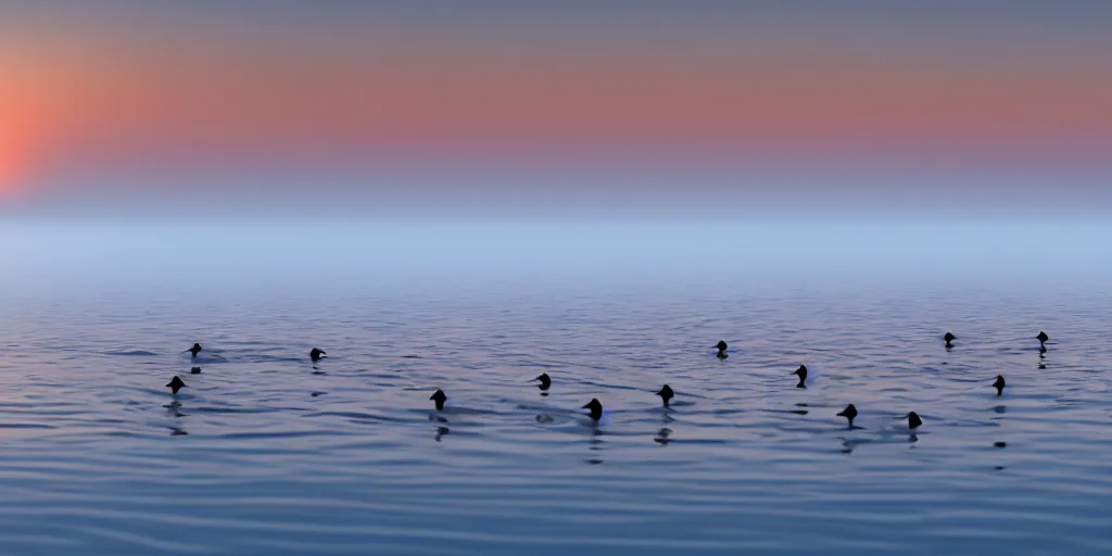 Prompt: geese swimming in a calm lake at sunrise, foggy, 4 k, trending on artstation